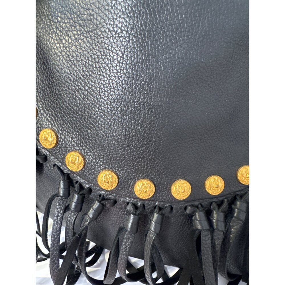 Valentino C-Rockee Fringe Hobo Black Leather Shoulder Bag With Gold Studs - Picture 6 of 9